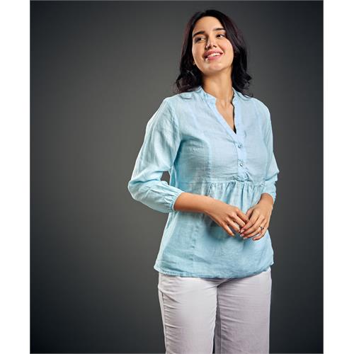 Linen Skyblue Formal Kurtha Top