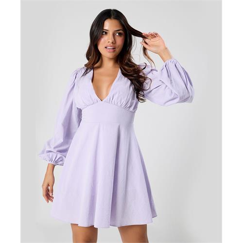 Long Puffed Sleeve Plunge Vneck Dress