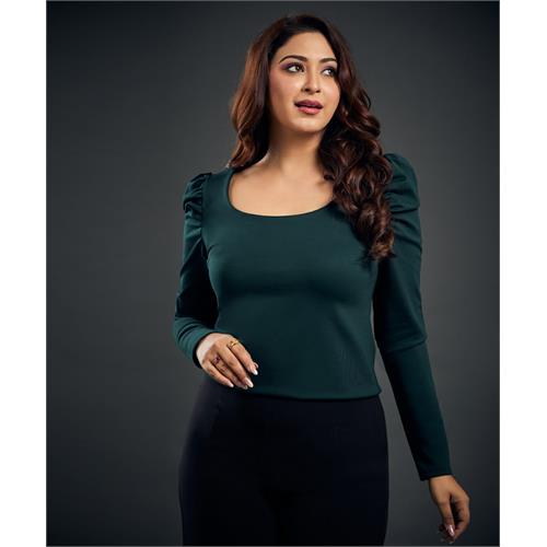 Long Puff Sleeve Green Ponte Top