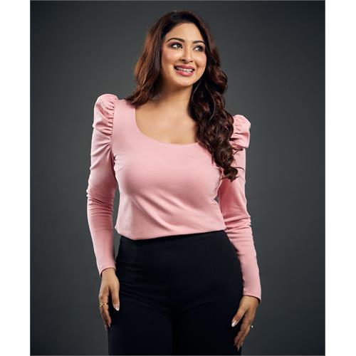 Long Puff Sleeve Pink Ponte Top