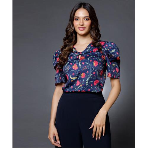 Long Sleeve Blue Printed Vneck top
