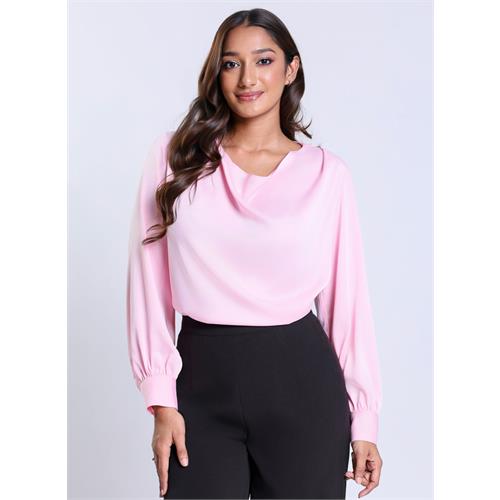 Long Sleeve Cowl Neck Pink Satin Top