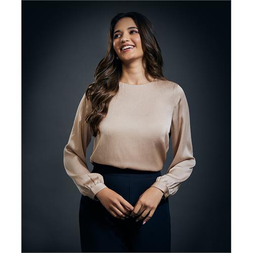 Long Sleeve Crepe Satin Top-Beige