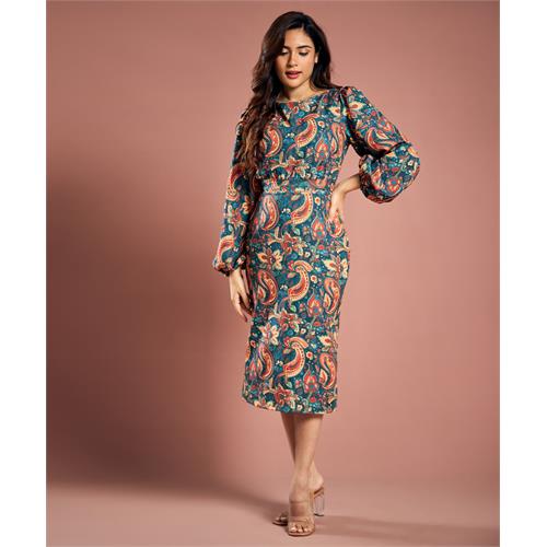 Long Sleeve Detailed Printed Shift Dress