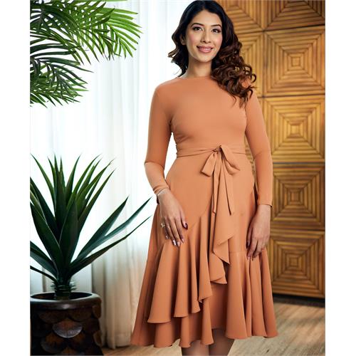 Long Sleeve Frilled Round Neck Dress