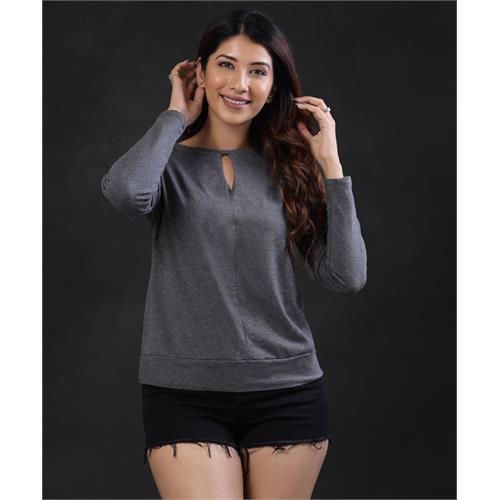 Long Sleeve Front Detailed Gray Tshirt