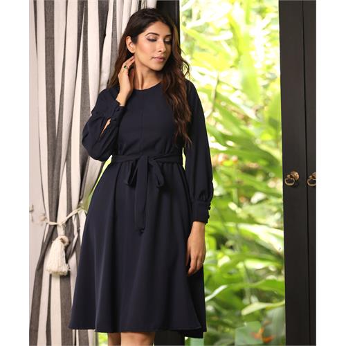 Long Sleeve Gathered Navy Dress