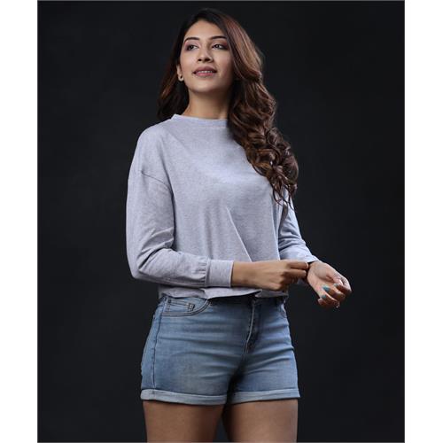 Long Sleeve High Neck Grey Crop Tshirt