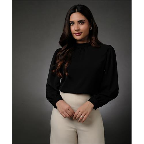 Long Sleeve Neck Pleated Chiffon Top-Black
