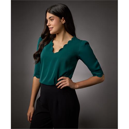 Long Sleeve Neck Scalloped Green Top