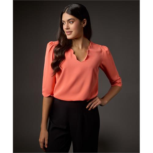 Long Sleeve Neck Scalloped Peach Top