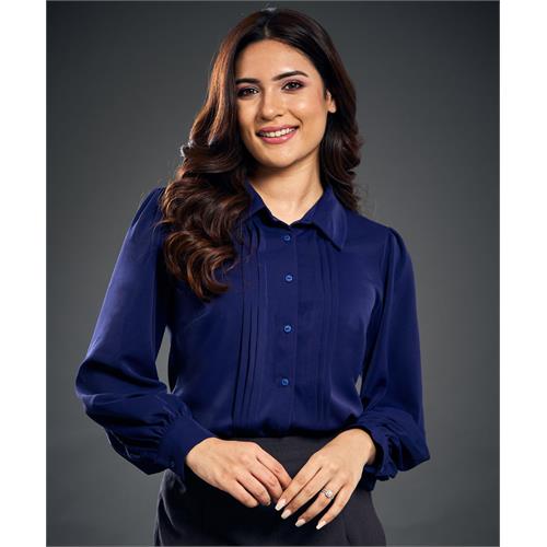 Long Sleeve Pintuck Shirt Chiffon Top-Blue