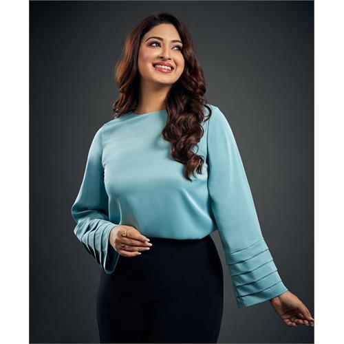 Long Sleeve Pleated Blue Satin Top