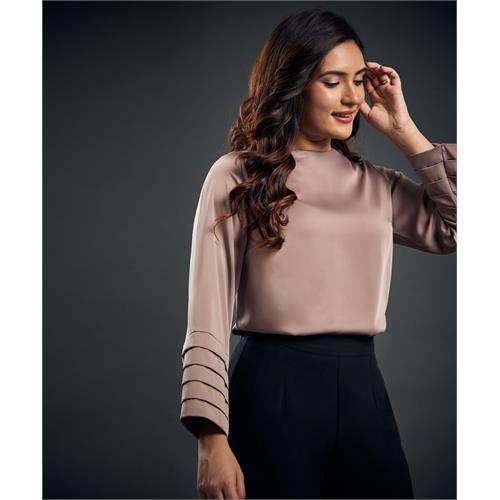 Long Sleeve Pleated Detailed Satin Top