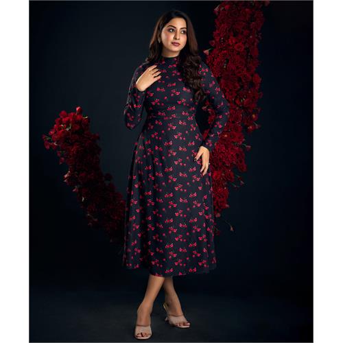 Long Sleeve Printed Midi Chiffon Dress