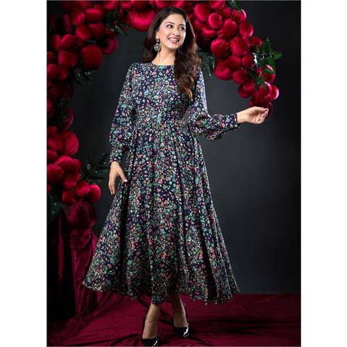 Long Sleeve Round Neck Floral Dress