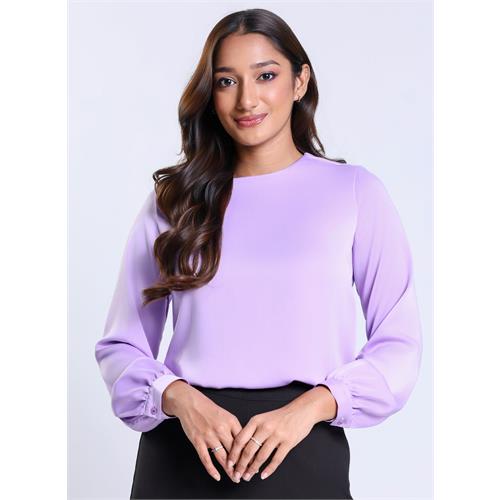 Long Sleeve Round Neck Lavender Satin Top