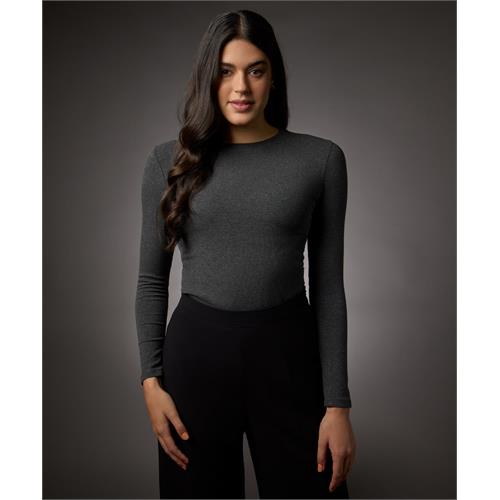 Long Sleeve Round Neck Rib Top- Dark Grey