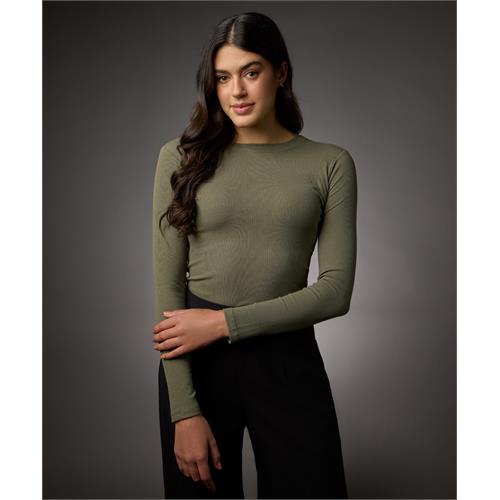 Long Sleeve Round Neck Rib Top- Khaki Green