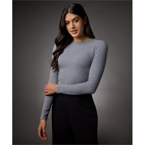 Long Sleeve Round Neck Rib Top- Light Grey