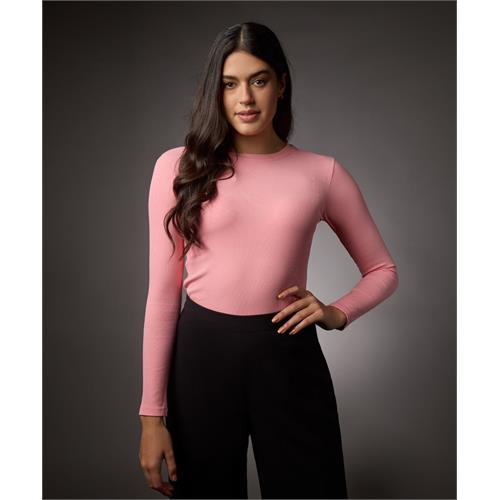 Long Sleeve Round Neck Rib Top- Peach Pink