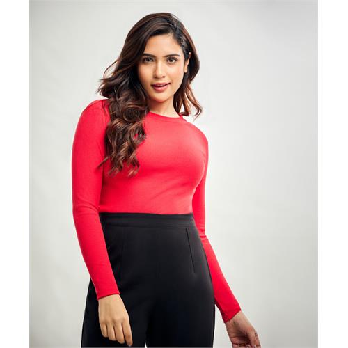 Long Sleeve Round Neck Rib Top- Red