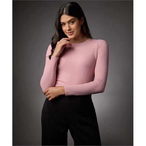 Long Sleeve Round Neck Rib Top- Salmon Pink