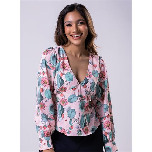 Long Sleeve V Neck Chiffon Printed Top