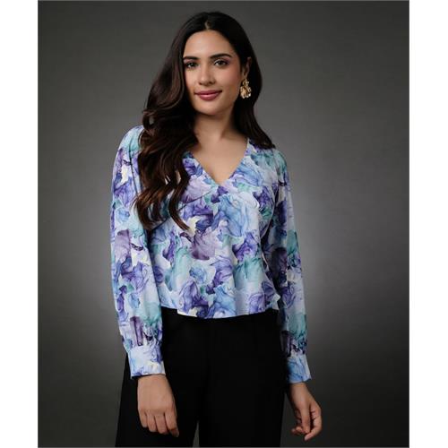 Long Sleeve Vneck Chiffon Printed Top