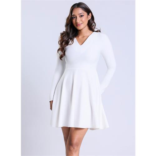 Long Sleeve VNeck White Skater Dress