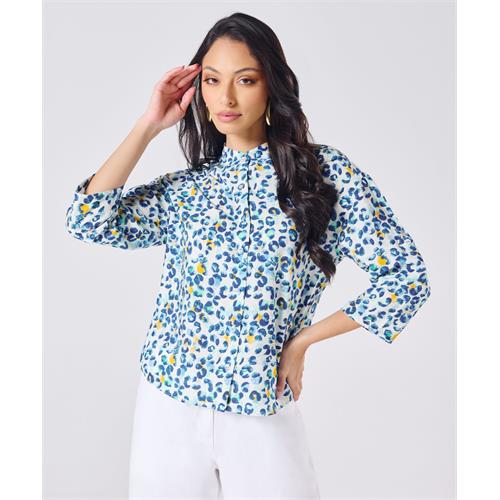 Mandarine Collar Blue Printed Roll Up Sleeve Top