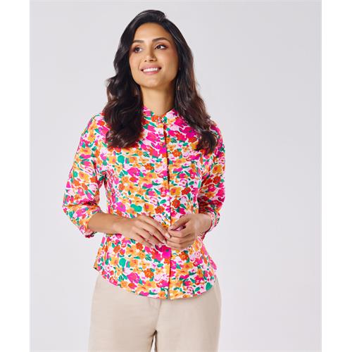 Mandarine Collar Printed Roll Up Sleeve Top