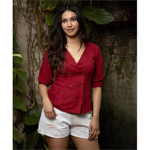 Maroon Front Double Buttoned Linen Top