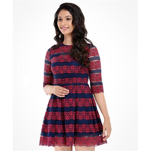 Maroon Lace Pleated Dress