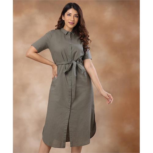 Midi Length Buttoned Dress With Belt