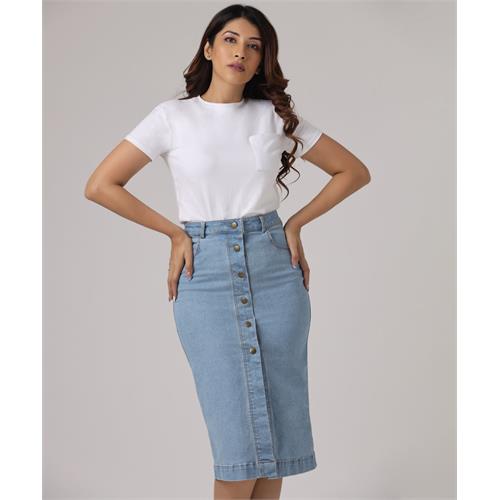 Midi Length Front Buttoned Denim Skirt