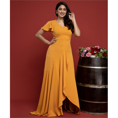 Mustard Sleeve Frilled High Low Maxi