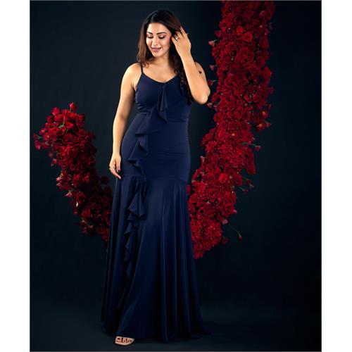 Navy Blue Frilled Maxi Dress