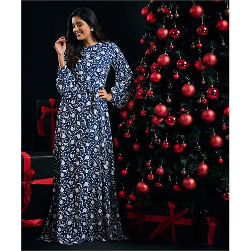 Navy Blue Printed Chiffon Maxi Dress