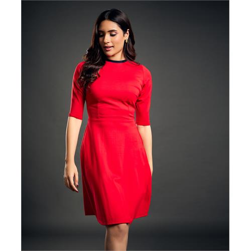 Neck Contrast A-line Red Dress