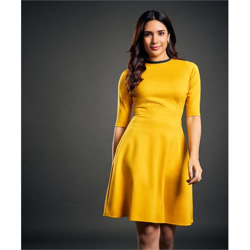 Neck Contrast A-line yellow Dress