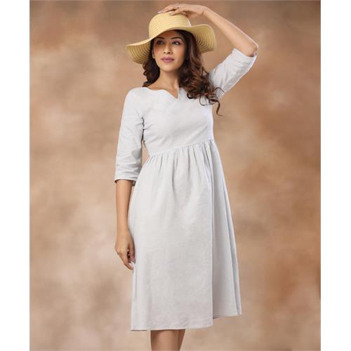 Neck Detailed Loose Fitted Linen Dress