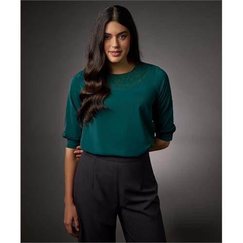 Neck Embroidered Half Sleeve Top-Green