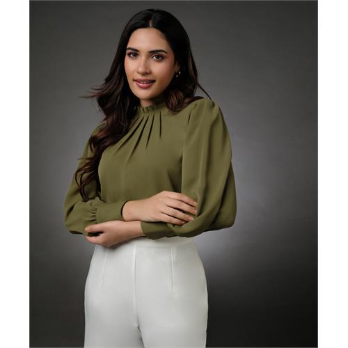 Neck Pleated Light Green Top With A Sleeve Cuff