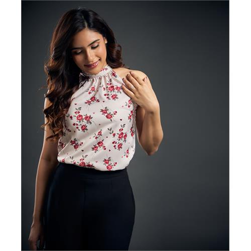 Neck Pleated Rose Printed Satin Halter Neck Top