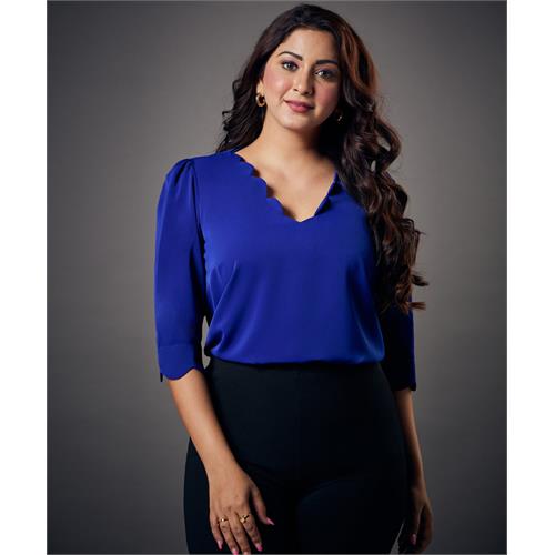 Neck Scalloped Half Sleeve Blue Top