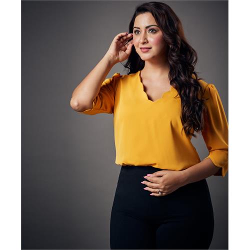 Neck Scalloped Half Sleeve Mustard Top