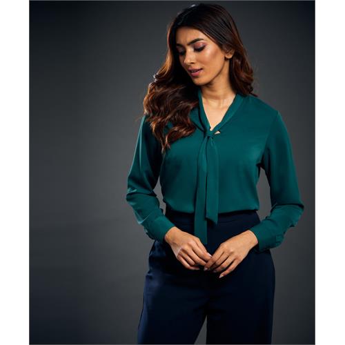 Neck Tie Chiffon Long Sleeve Top-Green