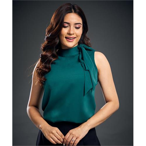 Neck Tie Chiffon Sleeveless Top-Green