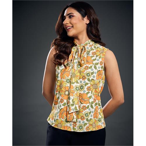 Neck Tie Floral Printed Short Sleeve Top